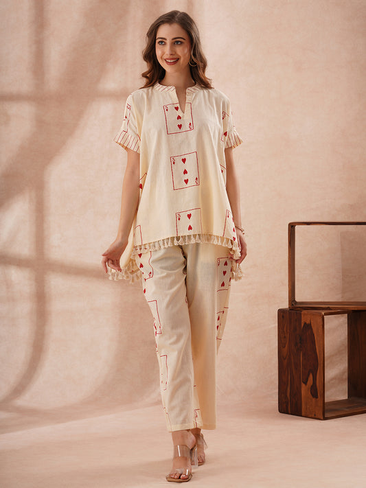 Abstract Printed Kaftan Cotton Flax Co-ord Set - Cream