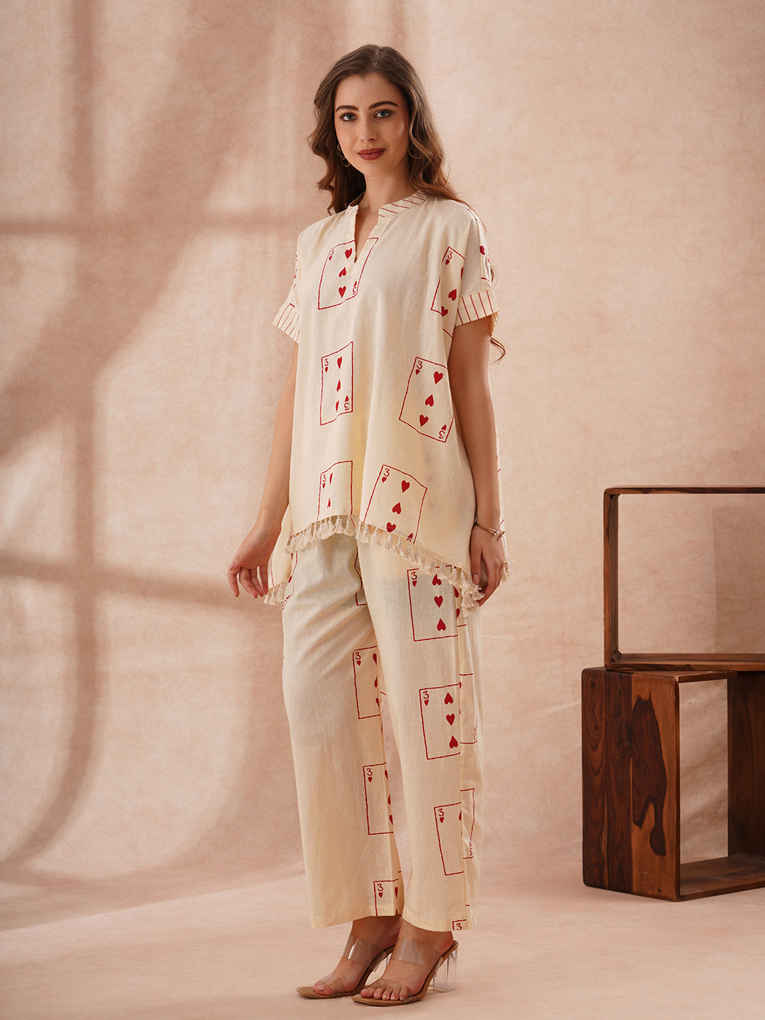 Abstract Printed Kaftan Cotton Flax Co-ord Set - Cream