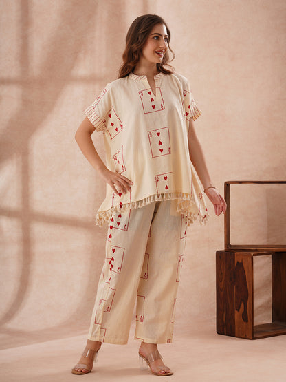 Abstract Printed Kaftan Cotton Flax Co-ord Set - Cream