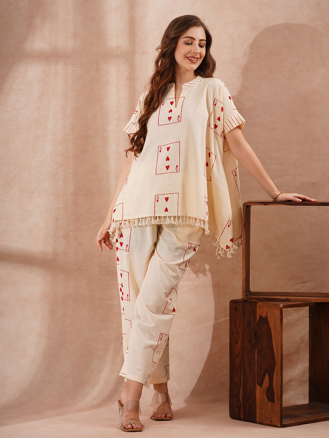 Abstract Printed Kaftan Cotton Flax Co-ord Set - Cream