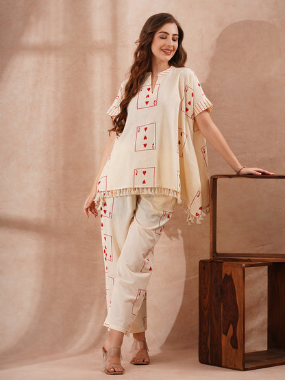 Abstract Printed Kaftan Cotton Flax Co-ord Set - Cream