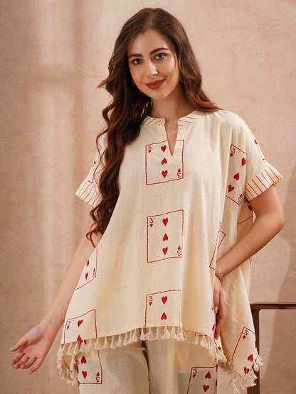 Abstract Printed Kaftan Cotton Flax Co-ord Set - Cream