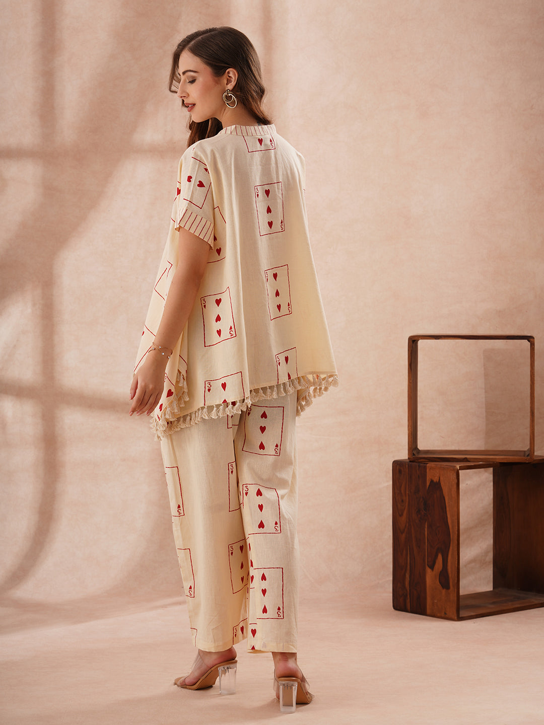 Abstract Printed Kaftan Cotton Flax Co-ord Set - Cream
