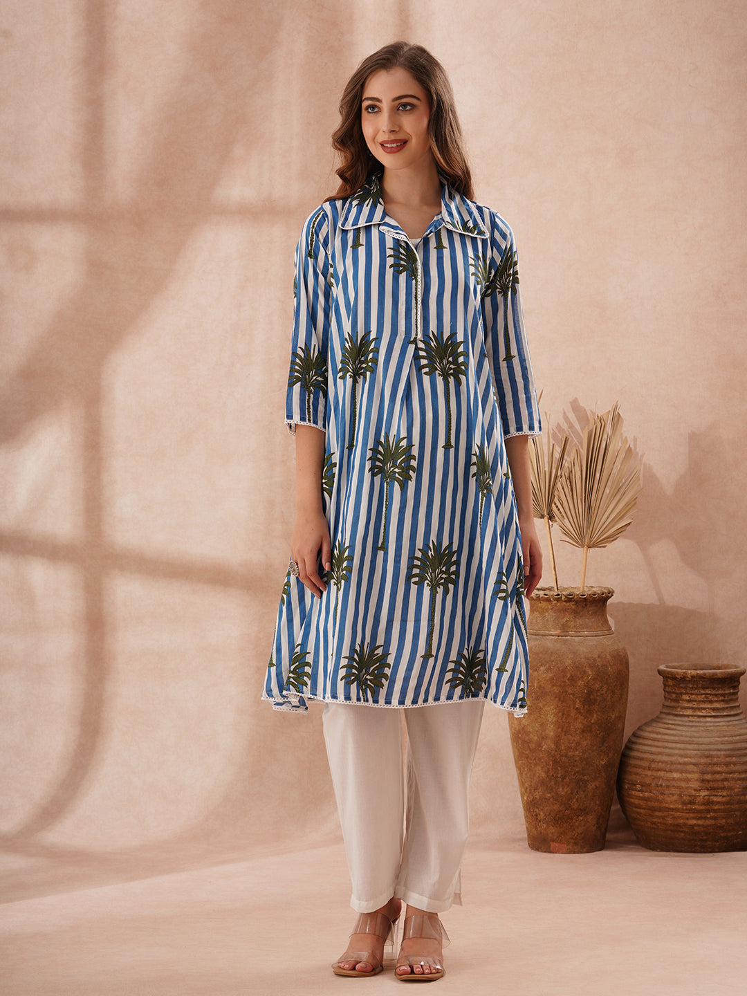Stripes and Tropical Printed A-Line Flared Kurta with Pant - Blue