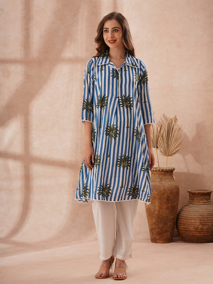 Stripes and Tropical Printed A-Line Flared Kurta with Pant - Blue