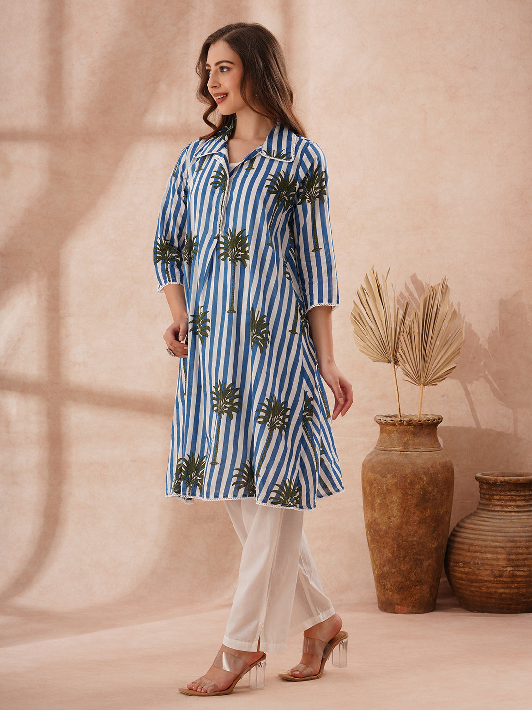 Stripes and Tropical Printed A-Line Flared Kurta with Pant - Blue