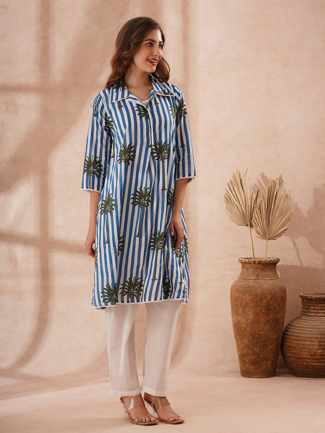 Stripes and Tropical Printed A-Line Flared Kurta with Pant - Blue