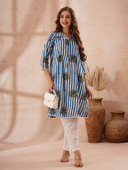 Stripes and Tropical Printed A-Line Flared Kurta with Pant - Blue