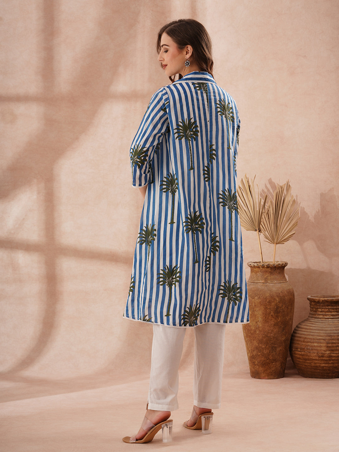 Stripes and Tropical Printed A-Line Flared Kurta with Pant - Blue