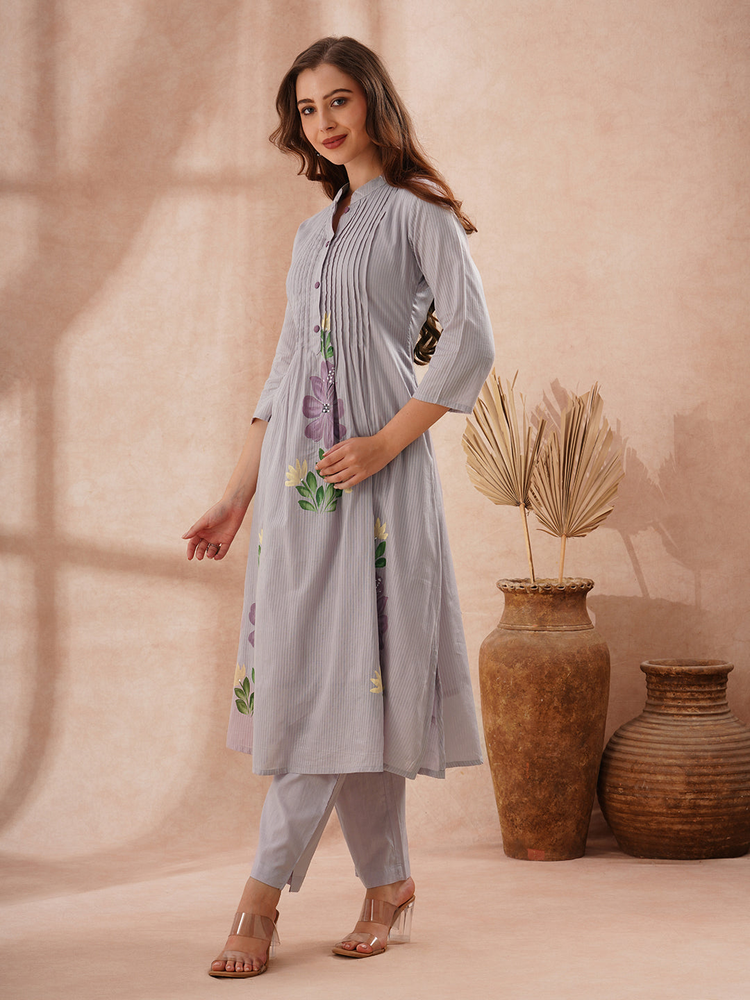 Solid Floral Hand Painted A-Line Pleated Co-ord Set - Blue