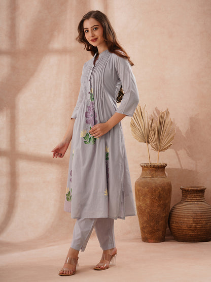 Solid Floral Hand Painted A-Line Pleated Co-ord Set - Blue