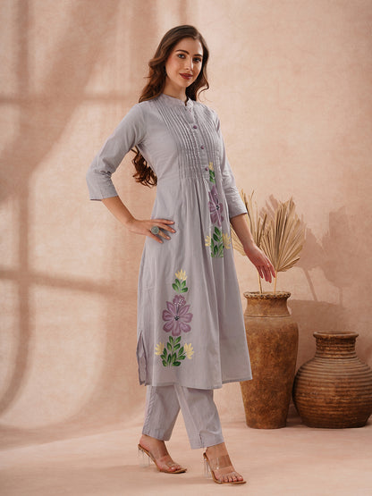 Solid Floral Hand Painted A-Line Pleated Co-ord Set - Blue