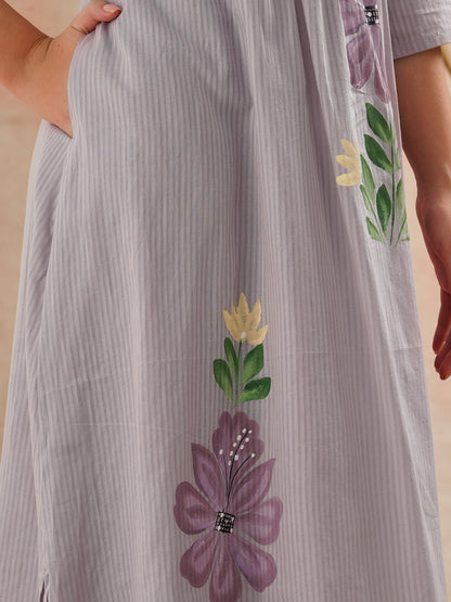 Solid Floral Hand Painted A-Line Pleated Co-ord Set - Blue