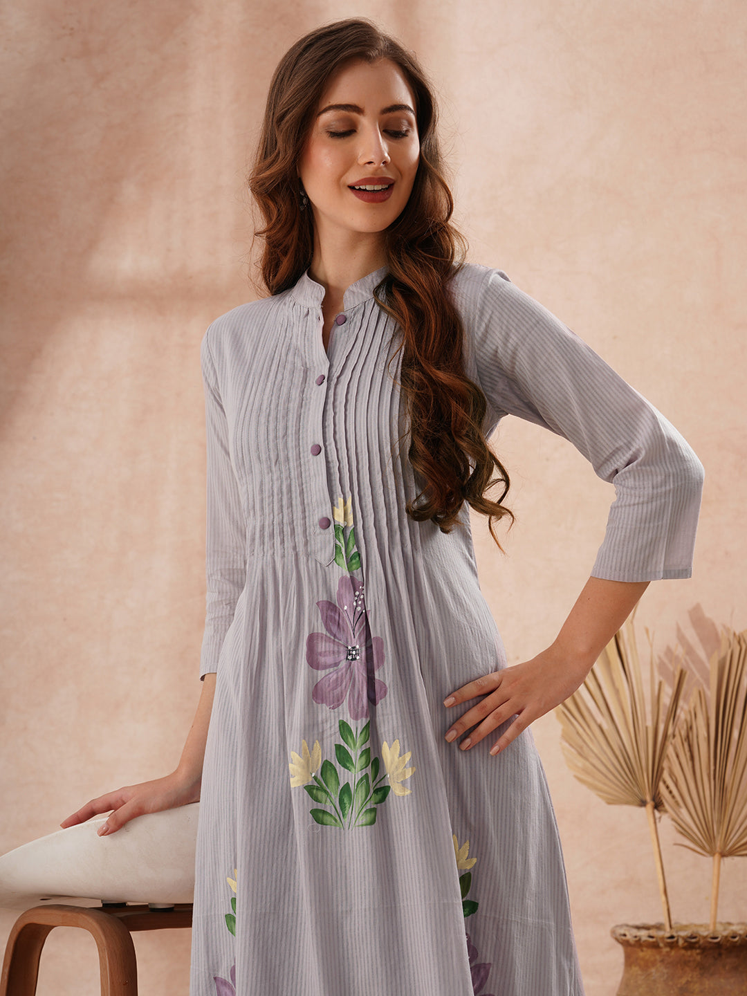 Solid Floral Hand Painted A-Line Pleated Co-ord Set - Blue