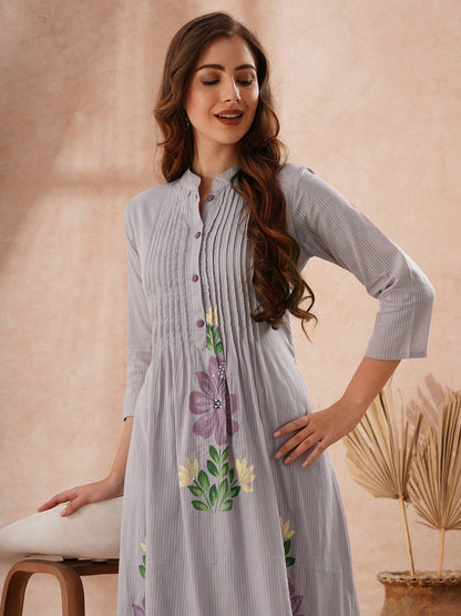 Solid Floral Hand Painted A-Line Pleated Co-ord Set - Blue