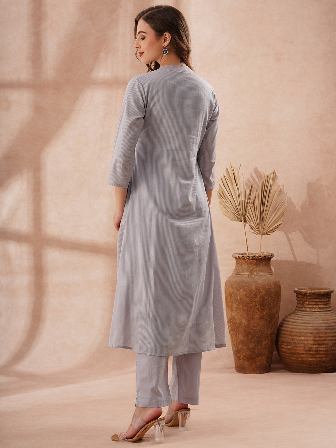 Solid Floral Hand Painted A-Line Pleated Co-ord Set - Blue