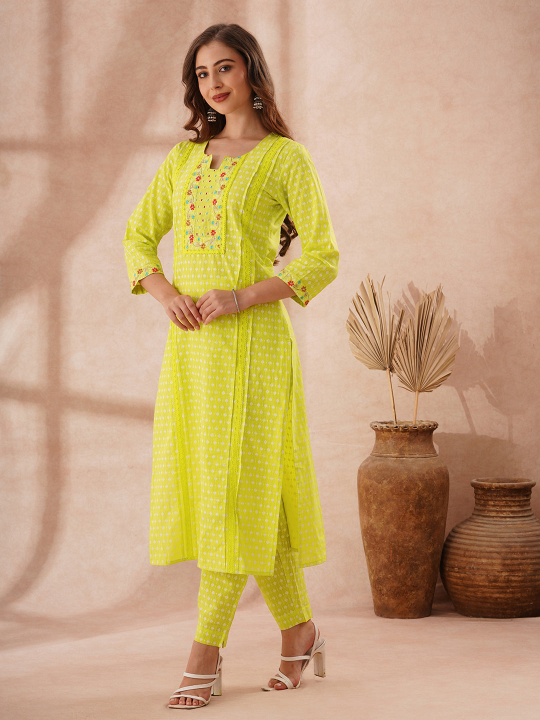 Ethnic Printed & Floral Embroidered Straight Fit Co-ord Set - Lime Green