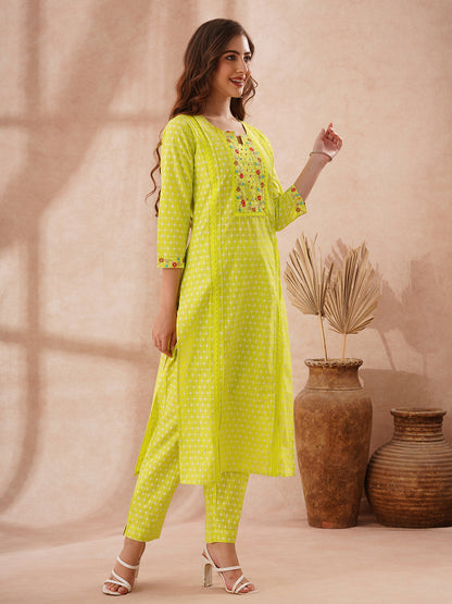 Ethnic Printed & Floral Embroidered Straight Fit Co-ord Set - Lime Green