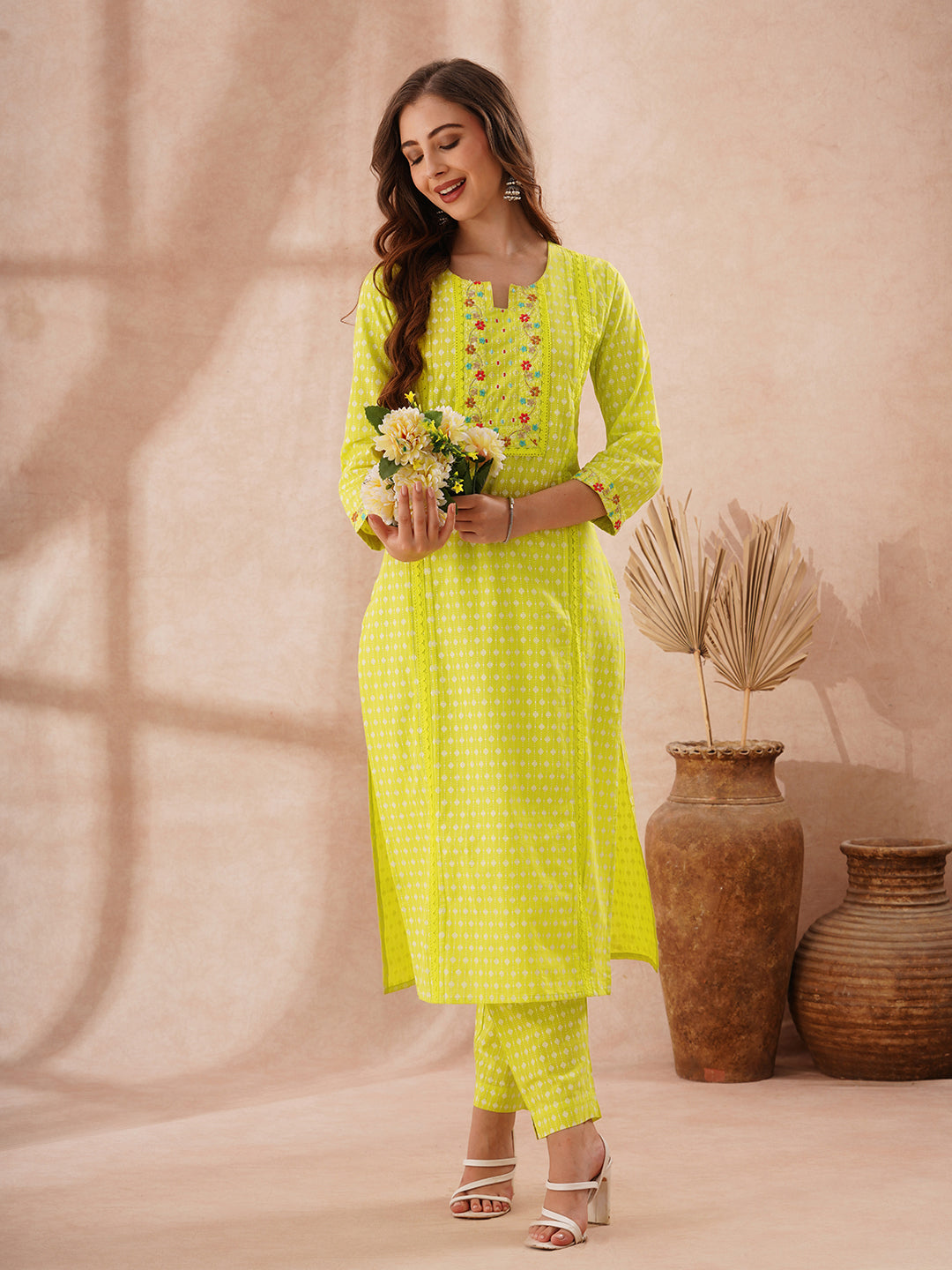 Ethnic Printed & Floral Embroidered Straight Fit Co-ord Set - Lime Green