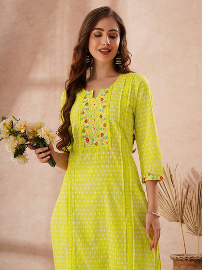 Ethnic Printed & Floral Embroidered Straight Fit Co-ord Set - Lime Green