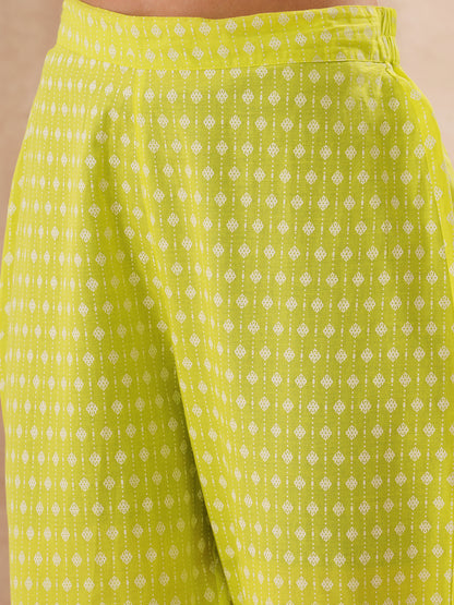 Ethnic Printed & Floral Embroidered Straight Fit Co-ord Set - Lime Green