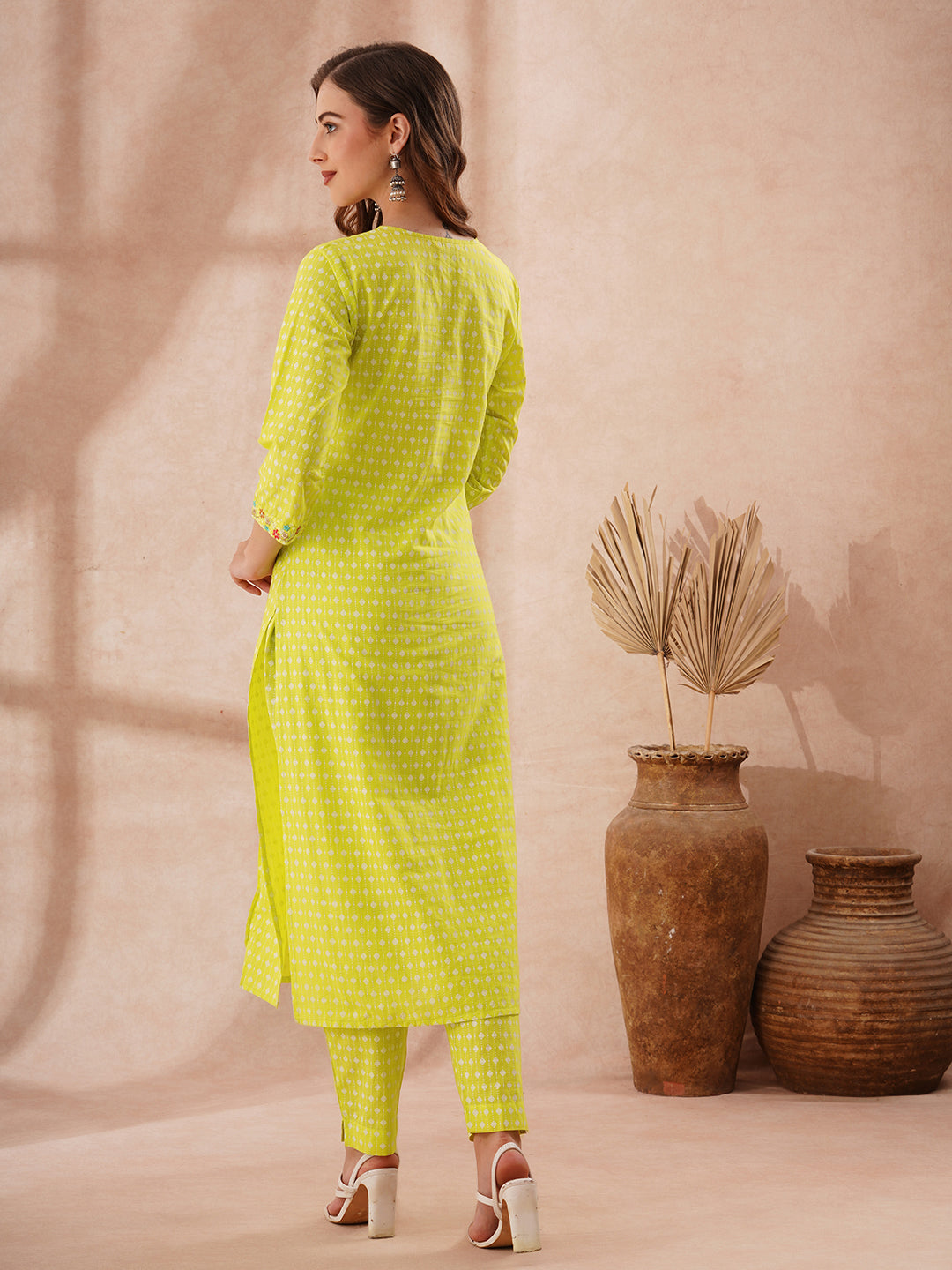 Ethnic Printed & Floral Embroidered Straight Fit Co-ord Set - Lime Green