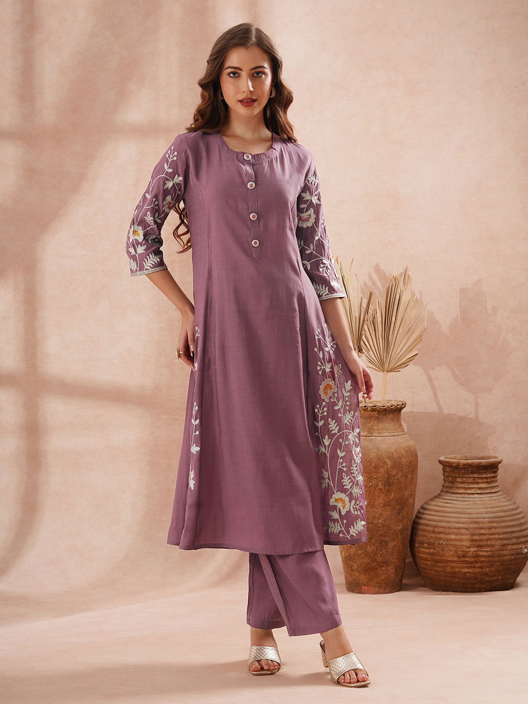 Solid Zari Floral Embroidered A-Line Co-ord Set - Purple