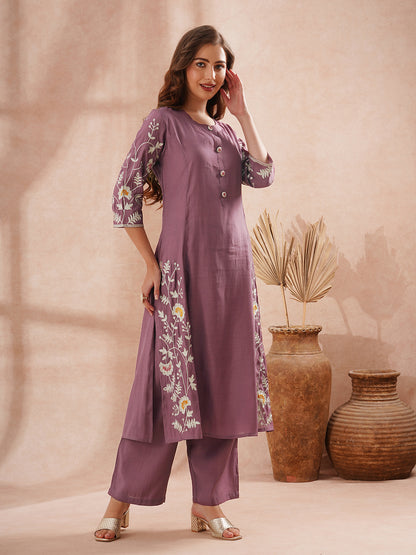 Solid Zari Floral Embroidered A-Line Co-ord Set - Purple