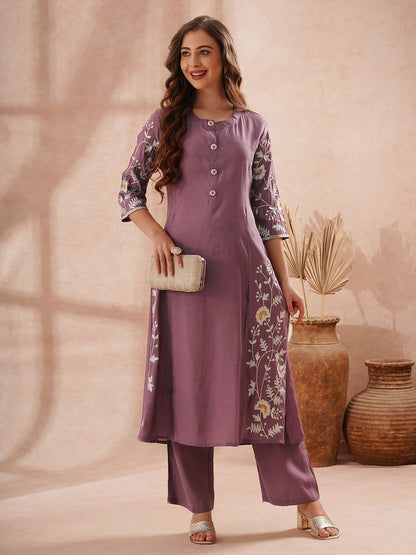Solid Zari Floral Embroidered A-Line Co-ord Set - Purple