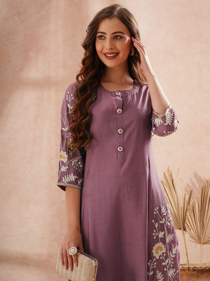 Solid Zari Floral Embroidered A-Line Co-ord Set - Purple