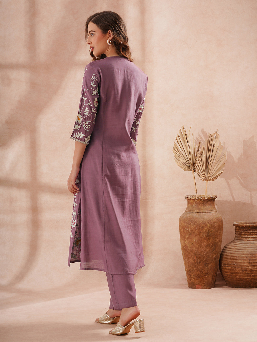 Solid Zari Floral Embroidered A-Line Co-ord Set - Purple