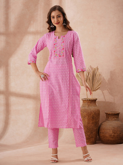 Ethnic Khari Printed Embroidered Straight Fit Kurta with Pant - Pink
