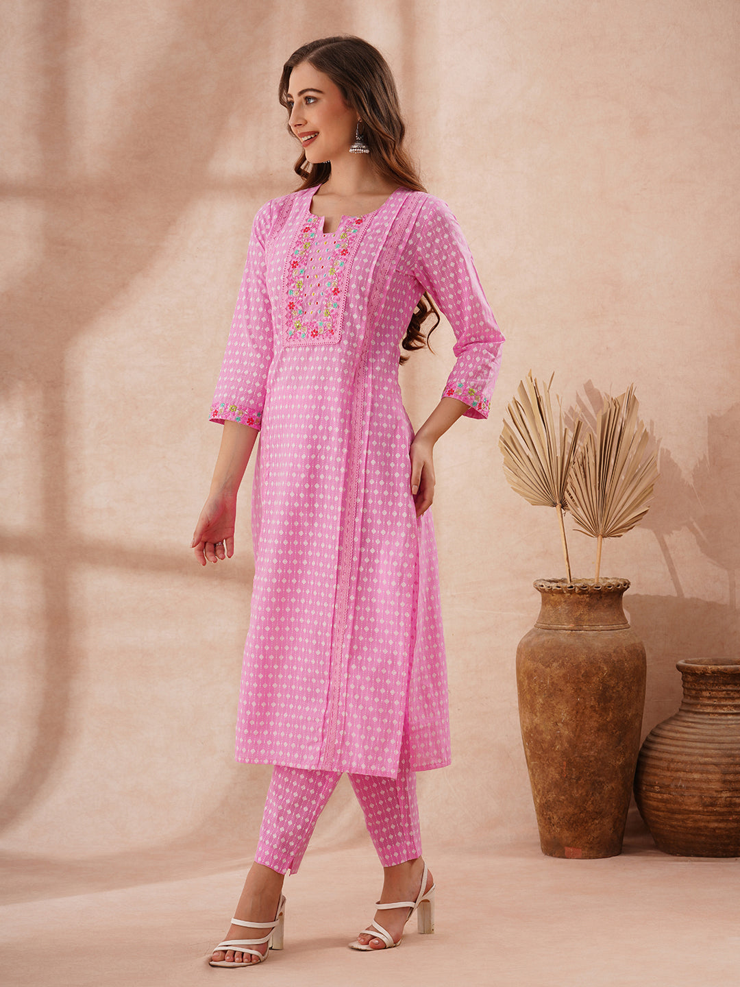 Ethnic Khari Printed Embroidered Straight Fit Kurta with Pant - Pink