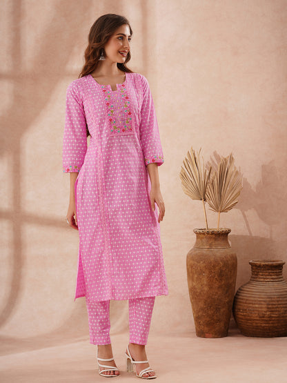 Ethnic Khari Printed Embroidered Straight Fit Kurta with Pant - Pink