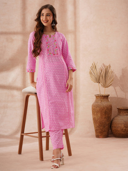 Ethnic Khari Printed Embroidered Straight Fit Kurta with Pant - Pink