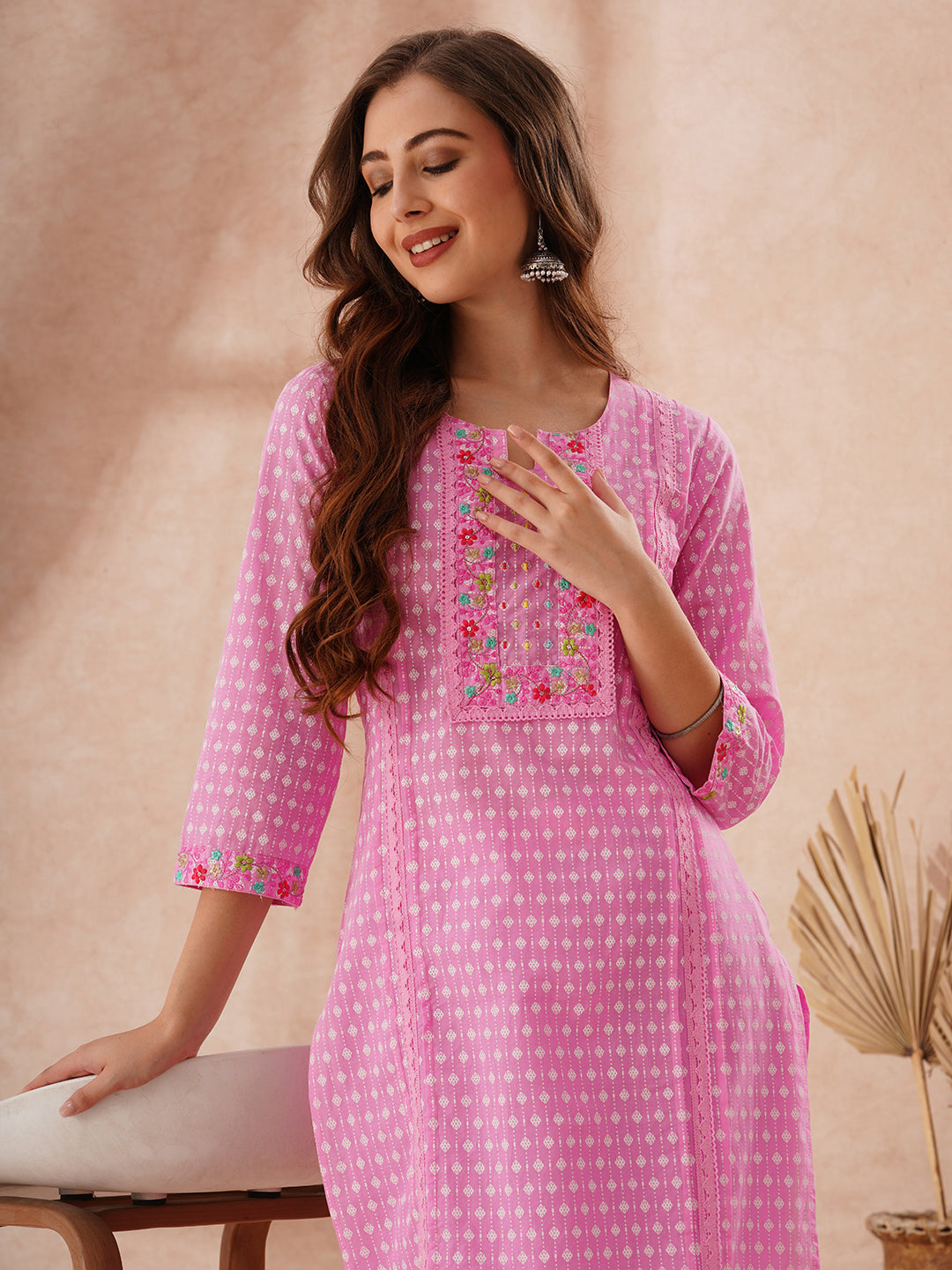 Ethnic Khari Printed Embroidered Straight Fit Kurta with Pant - Pink