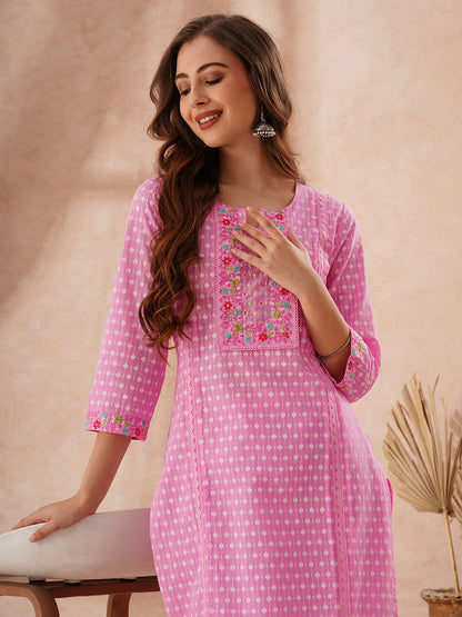 Ethnic Khari Printed Embroidered Straight Fit Kurta with Pant - Pink