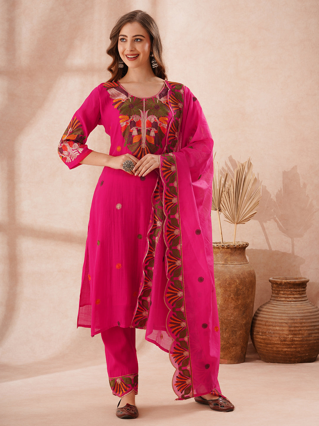 Solid Floral Threadwork Embroidered Straight Kurta with Pant and Dupatta - Rani