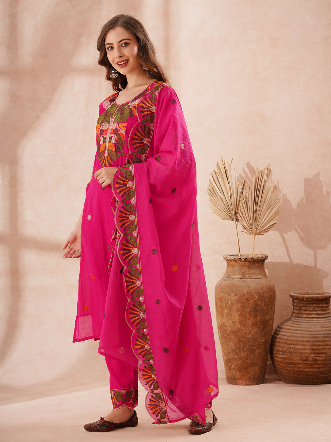 Solid Floral Threadwork Embroidered Straight Kurta with Pant and Dupatta - Rani