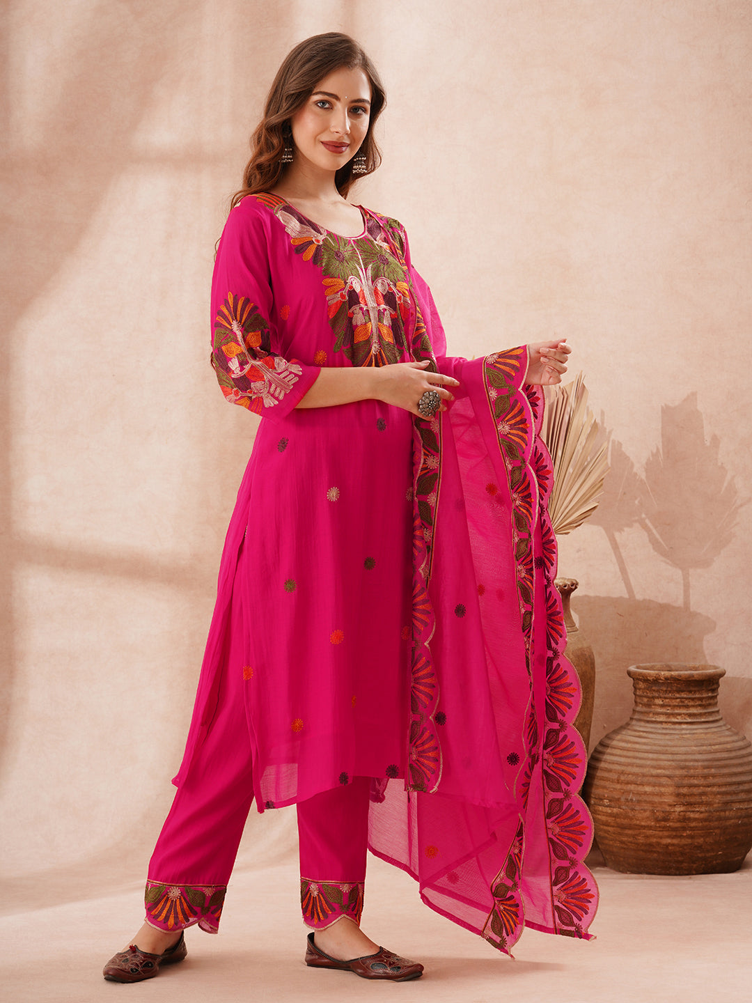 Solid Floral Threadwork Embroidered Straight Kurta with Pant and Dupatta - Rani