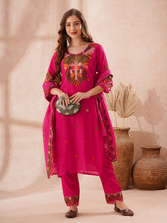 Solid Floral Threadwork Embroidered Straight Kurta with Pant and Dupatta - Rani