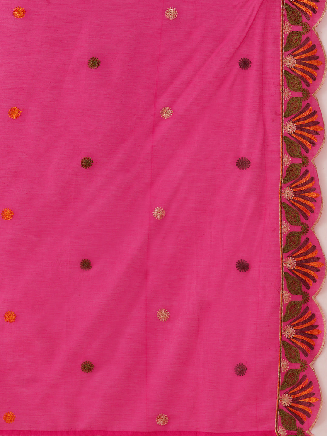 Solid Floral Threadwork Embroidered Straight Kurta with Pant and Dupatta - Rani