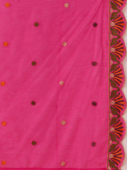 Solid Floral Threadwork Embroidered Straight Kurta with Pant and Dupatta - Rani