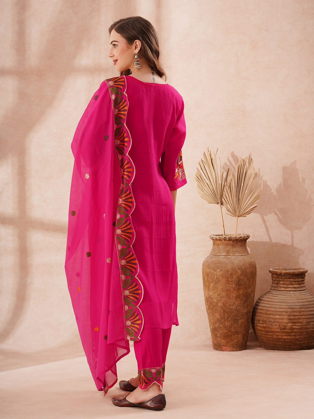 Solid Floral Threadwork Embroidered Straight Kurta with Pant and Dupatta - Rani