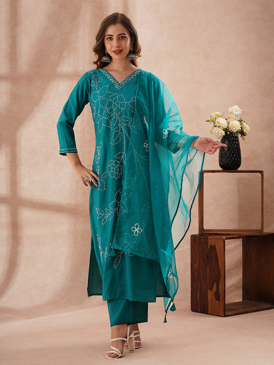 Solid French Knot Embroidered Straight Fit Kurta with Pant and Dupatta - Turquoise Blue