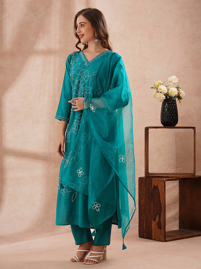 Solid French Knot Embroidered Straight Fit Kurta with Pant and Dupatta - Turquoise Blue