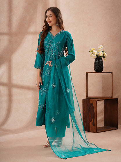 Solid French Knot Embroidered Straight Fit Kurta with Pant and Dupatta - Turquoise Blue