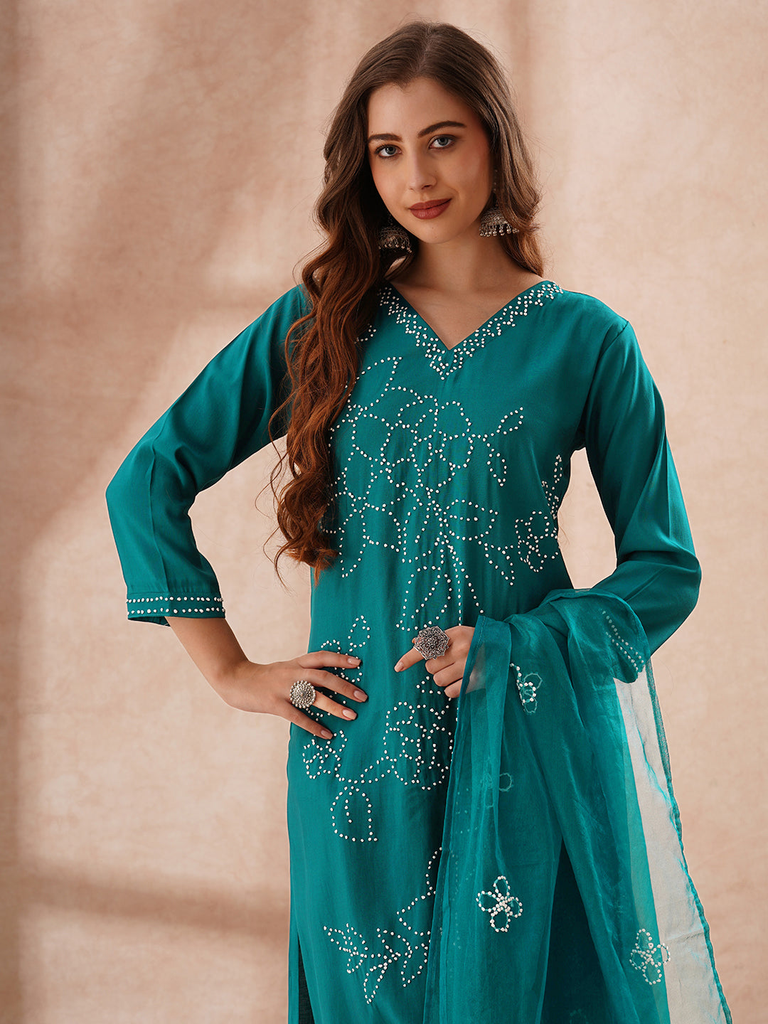 Solid French Knot Embroidered Straight Fit Kurta with Pant and Dupatta - Turquoise Blue