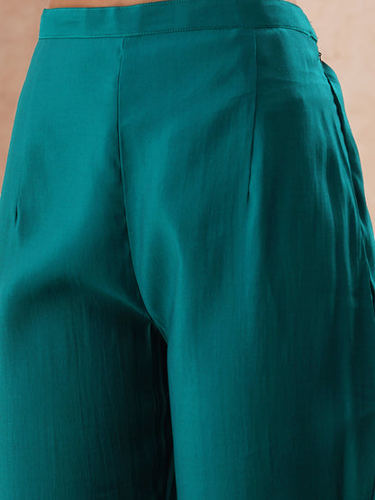 Solid French Knot Embroidered Straight Fit Kurta with Pant and Dupatta - Turquoise Blue