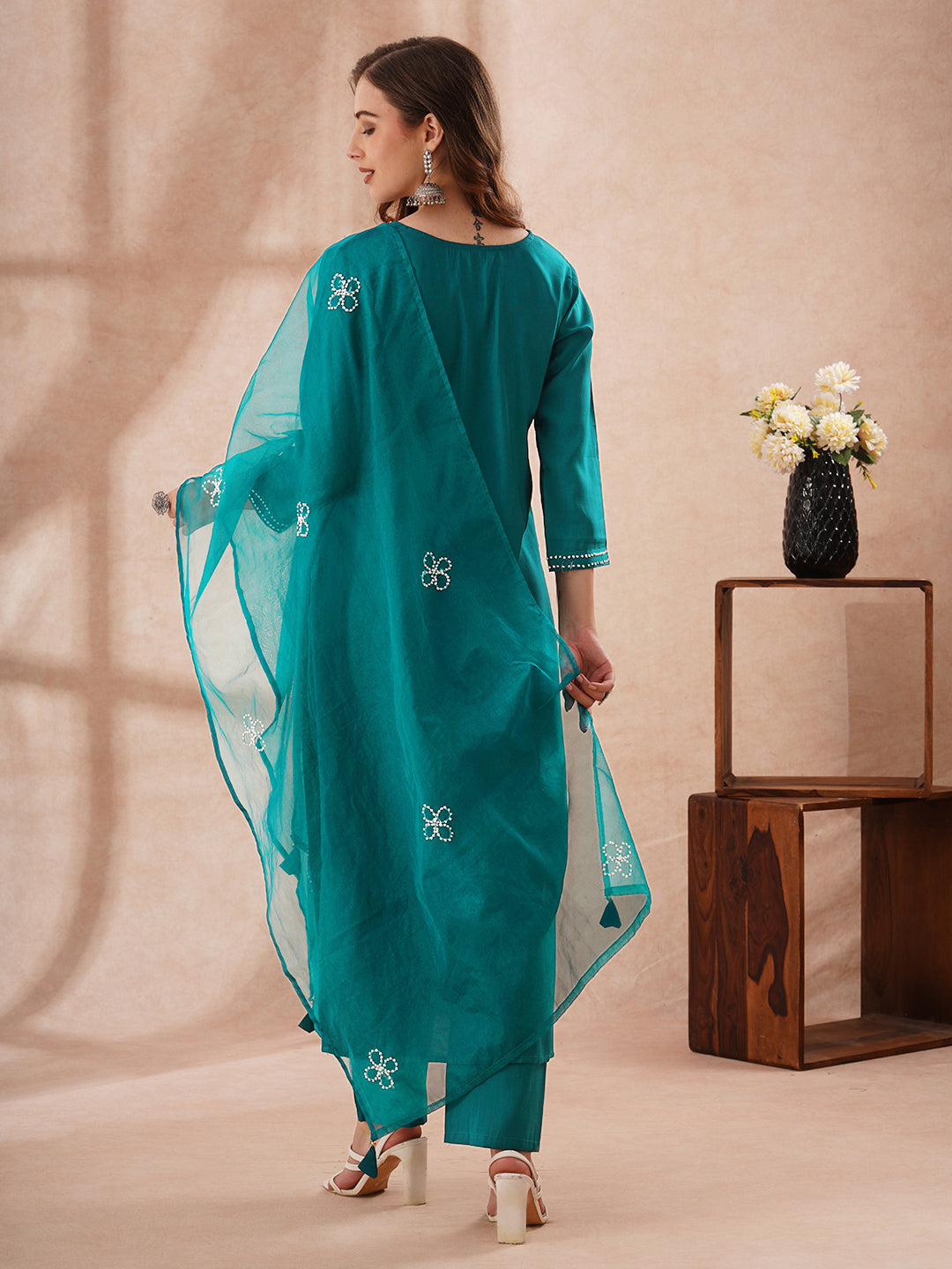 Solid French Knot Embroidered Straight Fit Kurta with Pant and Dupatta - Turquoise Blue